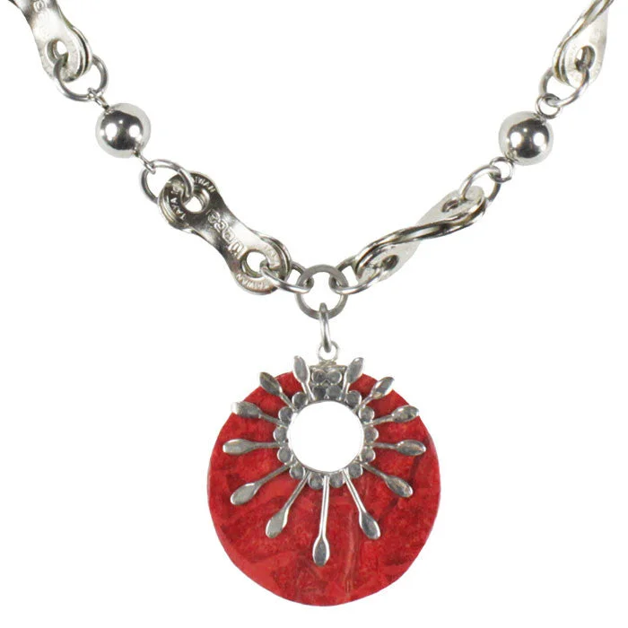 ladies necklace timeless yellow topaz-Coral & Sterling Silver Sunburst Necklace