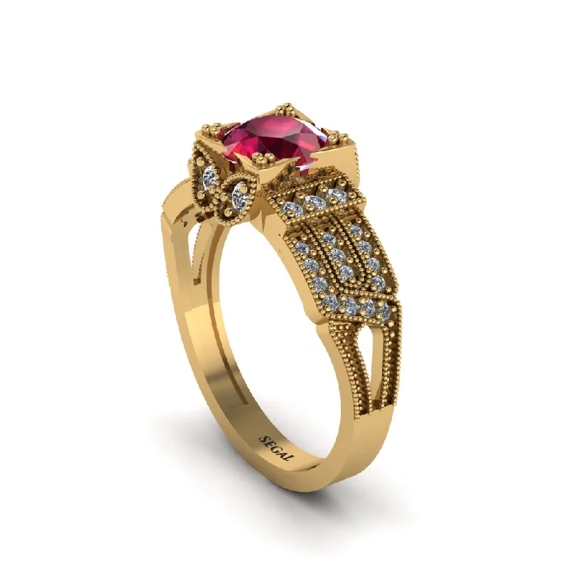 Ladies engagement rings colorful gemstone cuts-Ruby Milgrain Gold Engagement Ring - Lyric No. 10