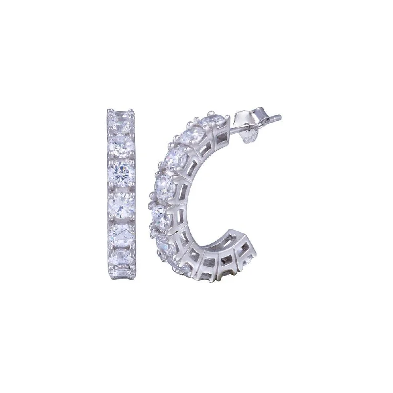 Ladies earrings autumn tone styles-Silver 925 Rhodium Plated Round Clear CZ huggie hoop Earrings - BGE00029