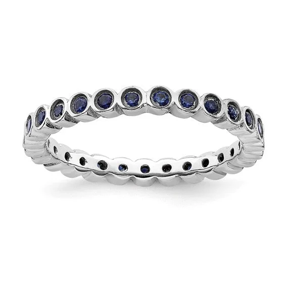 Ladies rings dangling charm styles-Sterling Silver Stackable Expressions Bezel Cr. Blue Sapphire 2.25mm Eternity Band