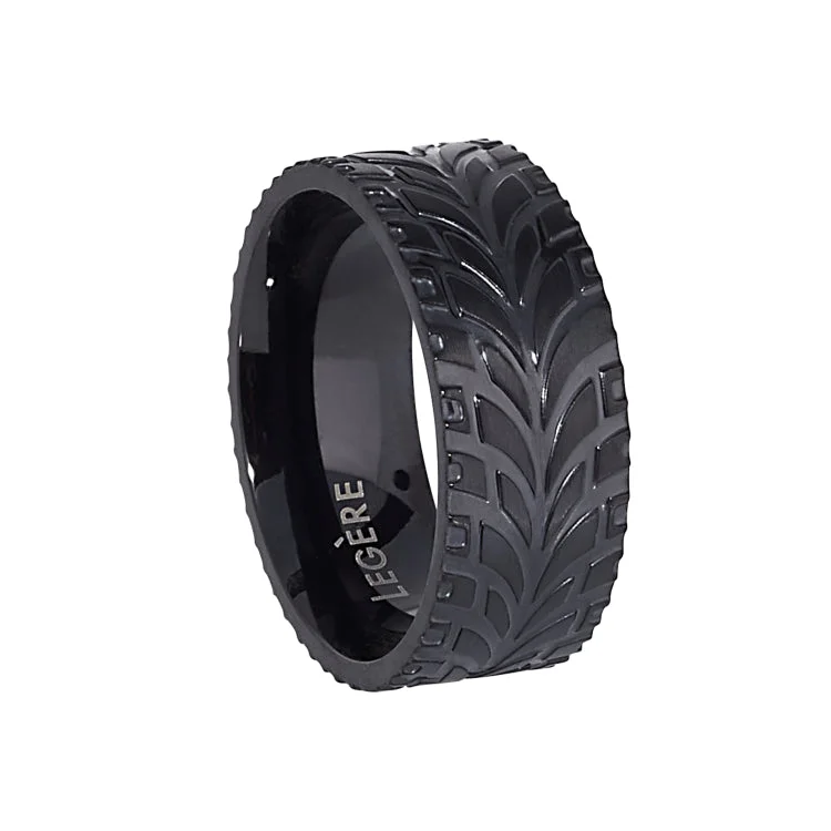 Ladies rings multi-tier styles-Black IP Finish Stainless Steel Feathered Band  - Size 12