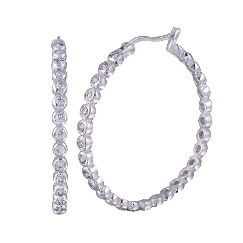 Ladies earrings latest fashion trends-Silver 925 Rhodium Plated Round CZ Hoop Earrings - STE00294