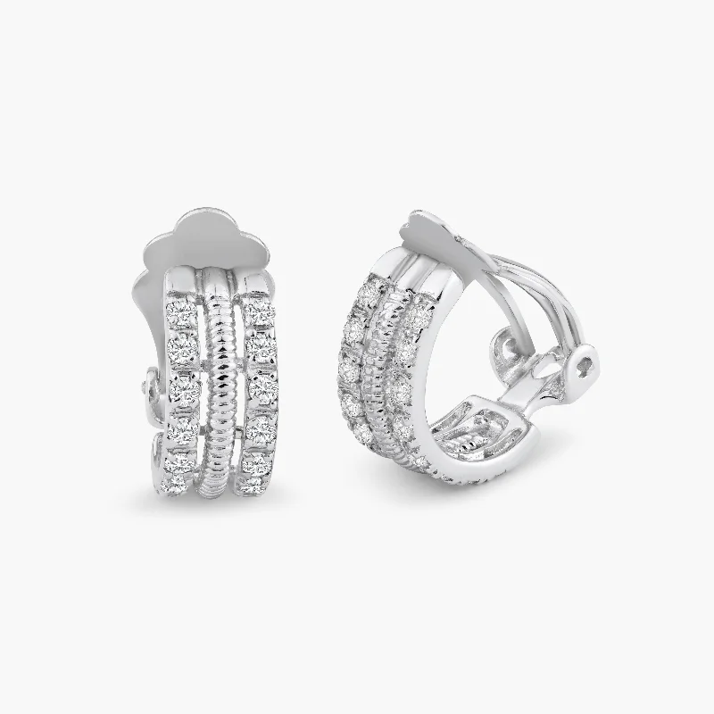 Ladies earrings uniform size styles-Silver 925 Rhodium Plated Clear Crescent CZ Hoop Earrings - STE00935