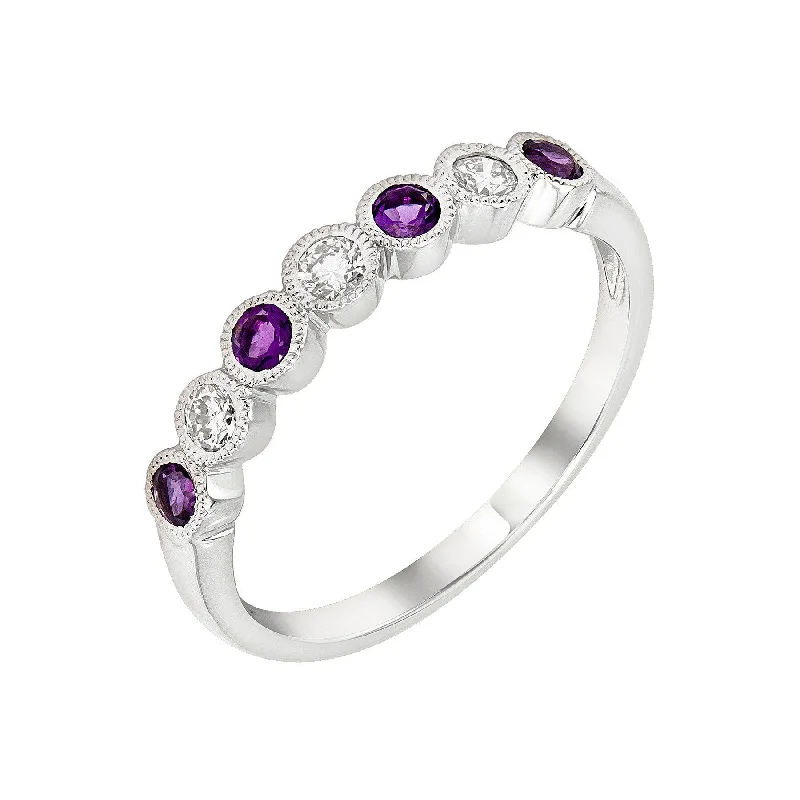 Ladies rings iridescent finish designs-14k White Gold Amethyst & Diamond Wedding Anniversary Band