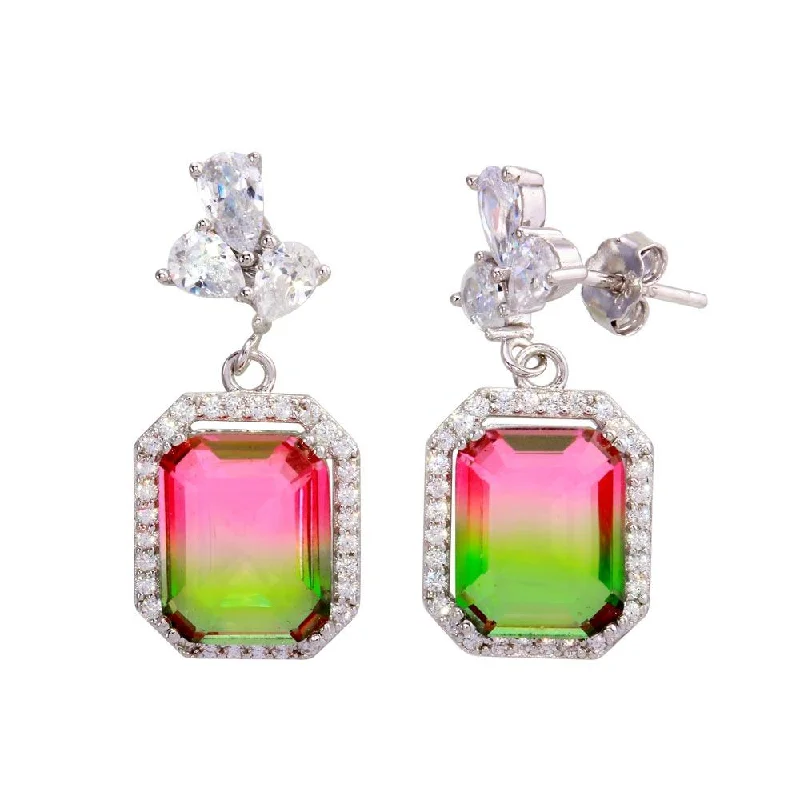 Ladies earrings filigree detail designs-Rhodium Plated 925 Sterling Silver Green Pink Gradient CZ Dangling Earrings - STE01206