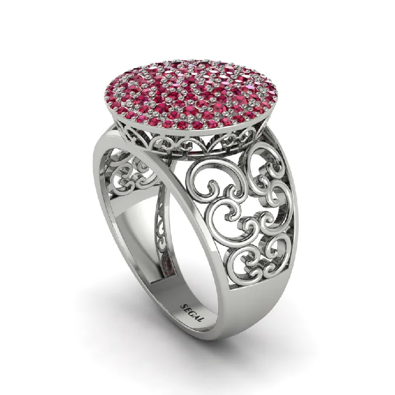 Ladies engagement rings top brands-Ruby Signet Filigree Pave Engagement Ring - Rylie No. 12