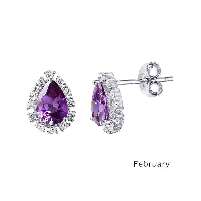 Ladies earrings global brand styles-Rhodium Plated 925 Sterling Silver Teardrop Halo CZ Birthstone Earrings February - STE01027-FEB