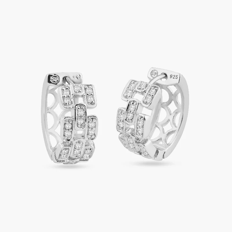 Ladies earrings exclusive limited editions-Silver 925 Rhodium Plated Baguette Alternated Clear CZ Hoop Earrings - STE00686