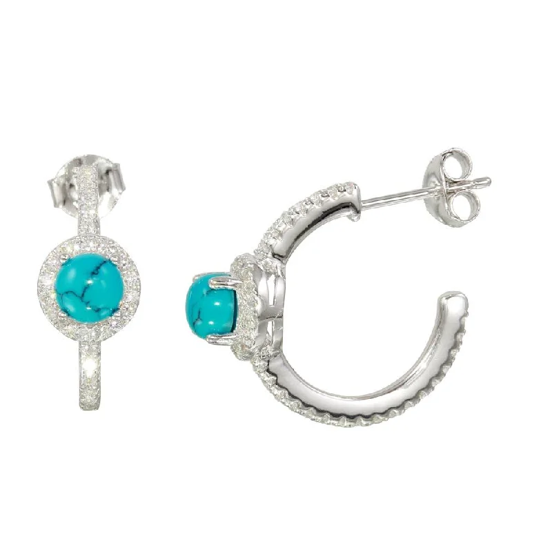 Ladies earrings lab-created gem styles-Rhodium Plated  925 Sterling Silver Semi-Hoop CZ Earrings with CZ and Aqua Stone - BGE00569AQ