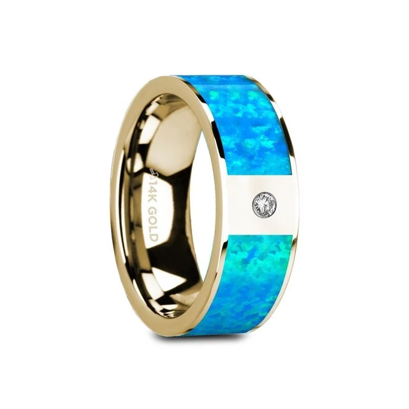 Ladies rings global brand styles-Thorsten GELASIA 14K Yellow Gold with Blue Opal Inlay & White Diamond Setting Flat Band - 8mm - GELASIA