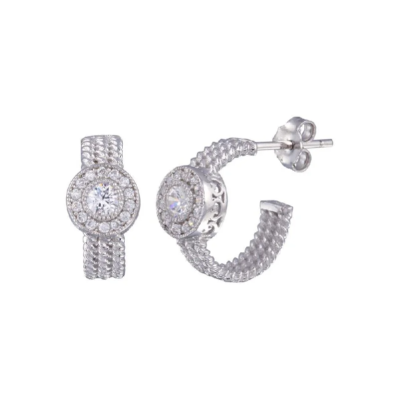 Ladies earrings impressionist vibe earrings-Silver 925 Rhodium Plated Crescent Center Round CZ Semi-huggie hoop Earrings - BGE00322