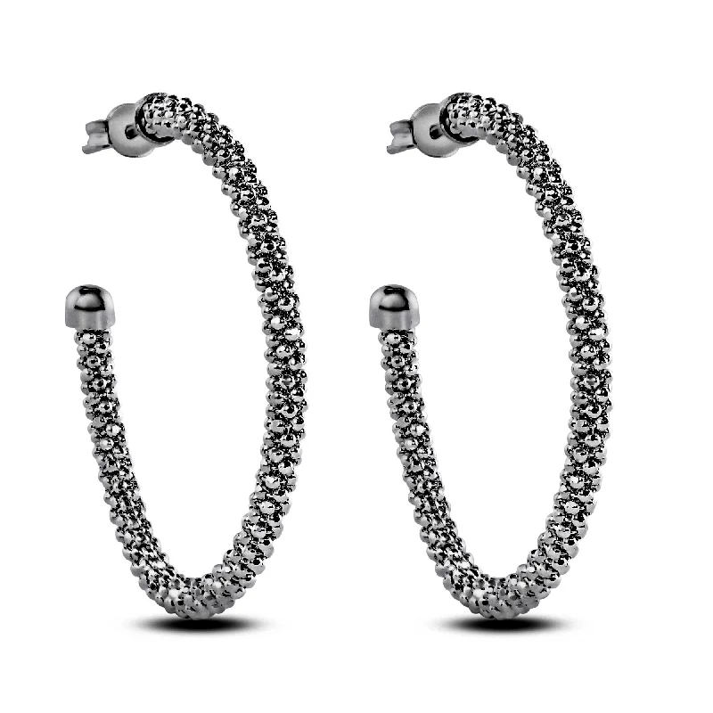 Ladies earrings eye-catching designs-Sterling 925 Sterling Silver Blk Rhodium Plated Beaded Semi Hoop Earrings - ITE00045BLK