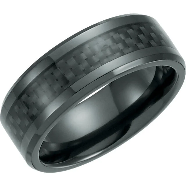 Ladies rings iridescent finish designs-Black Titanium 8mm Beveled Band with Black Carbon Fiber Inlay