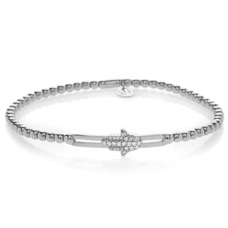 ladies bracelet boho silver-Hulchi Belluni Fidget Bracelet with Hamsa Pave Diamond Moveable Station White Gold Stretch Stackable