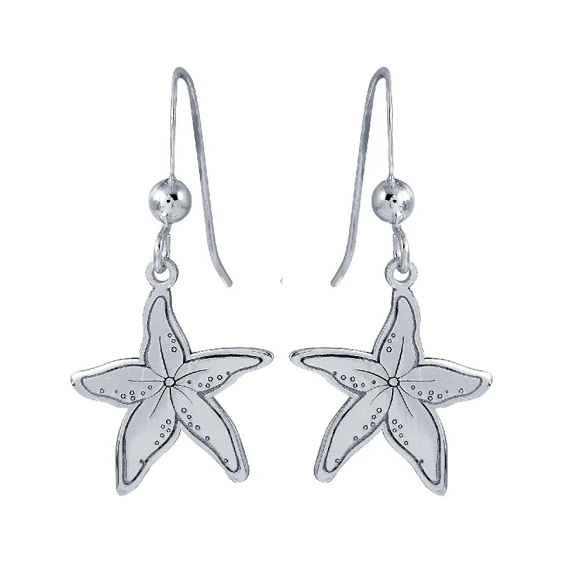 Ladies earrings vintage estate pieces-Rhodium Plated 925 Sterling Silver Dangling Starfish Earrings - SOE00038