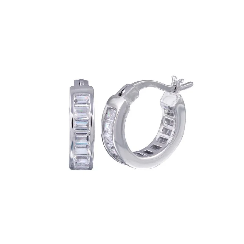 Ladies earrings contemporary bold styles-Silver 925 Rhodium Plated Baguette Clear CZ Hoop Earrings - STE00722