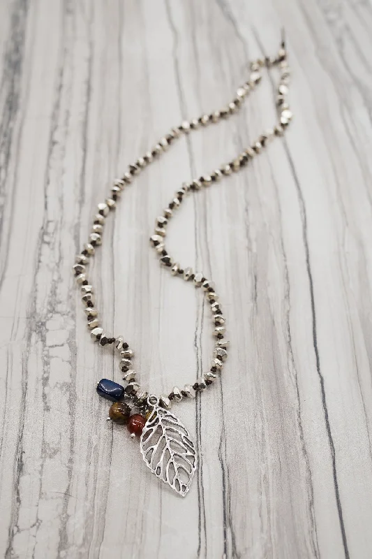 ladies necklace hammered sapphire-Knotted Stone w/ Leather Necklace