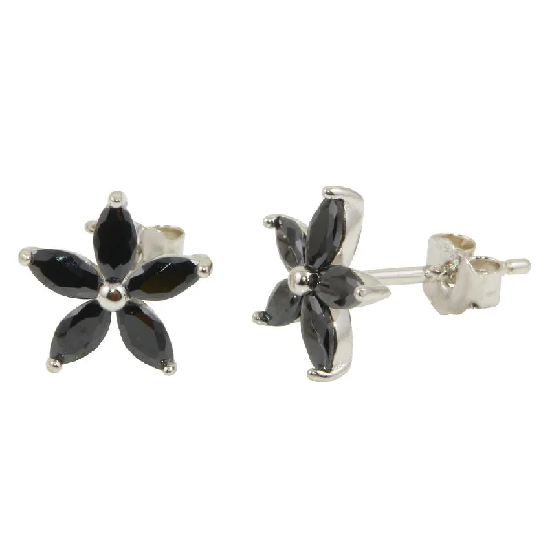 Ladies earrings balanced proportion styles-Rhodium Plated 925 Sterling Silver Black Five Petal Flower Earrings - STE01094