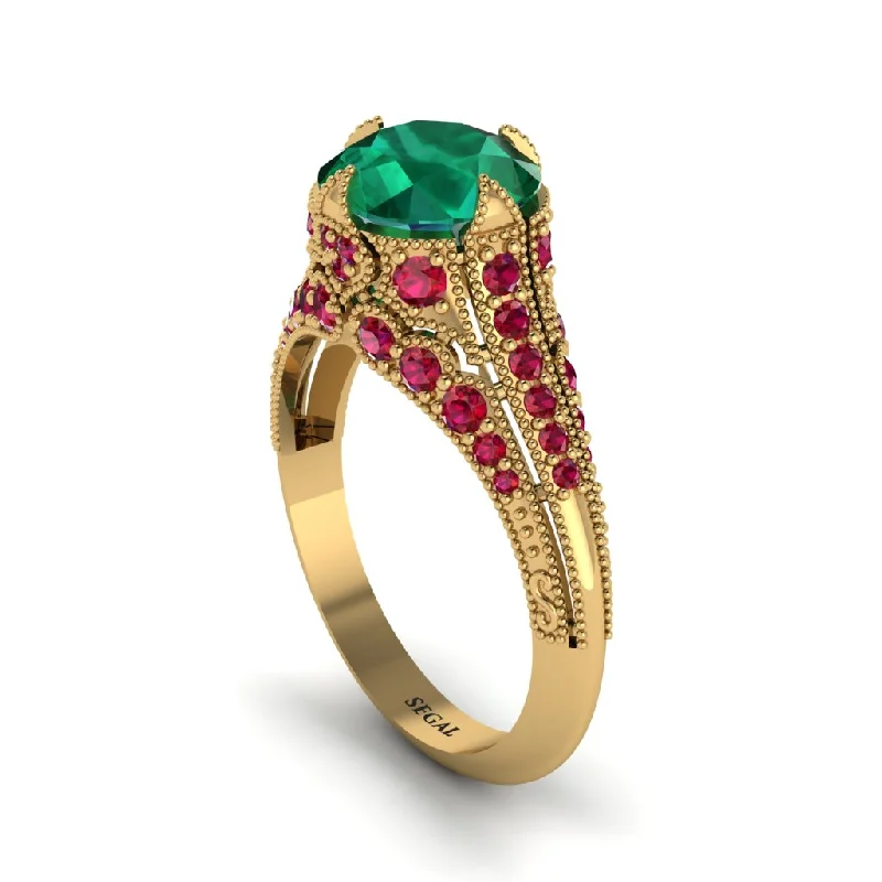 Ladies engagement rings spring halo designs-Emerald Vintage Crown Engagement Ring - Talia No. 49