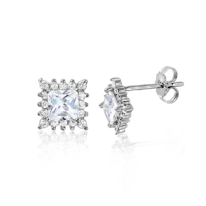 Ladies earrings opal shimmering designs-Silver 925 Rhodium Plated Square Halo Earrings - STE01039