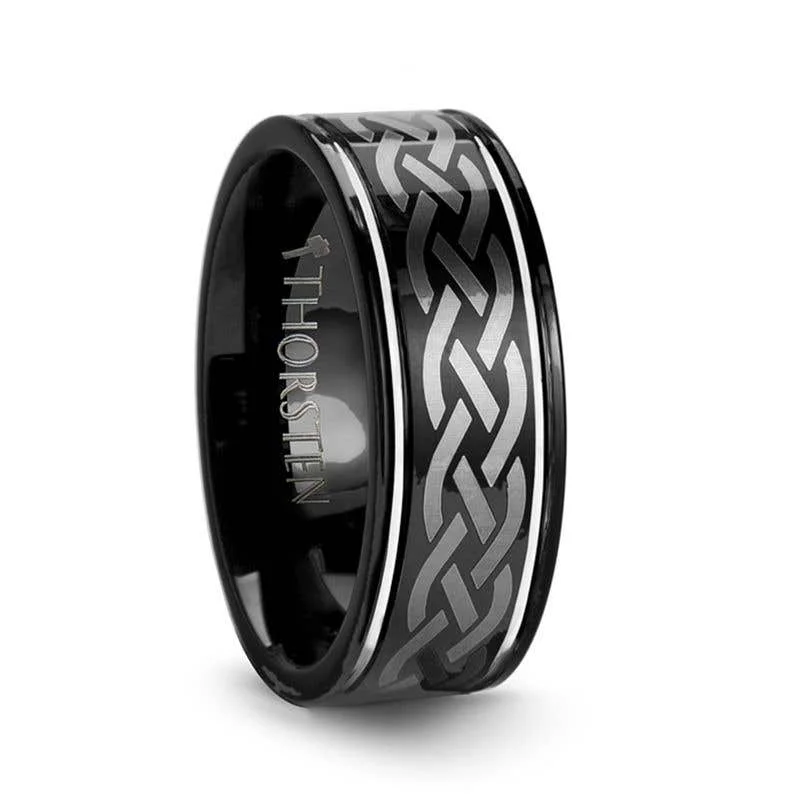 Ladies rings easy care rings-Thorsten KILDARE Celtic Engraved Design Black Tungsten Wedding Band - 8mm