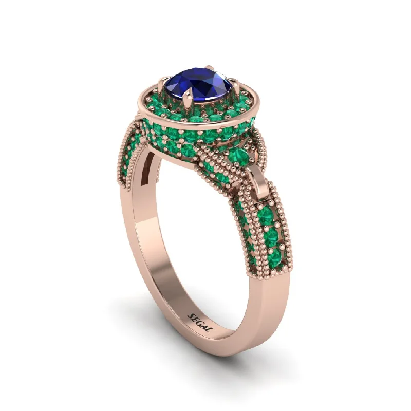 Ladies engagement rings colorful diamonds-Sapphire Double Halo Handmade Engagement Ring - Gracelyn No. 29