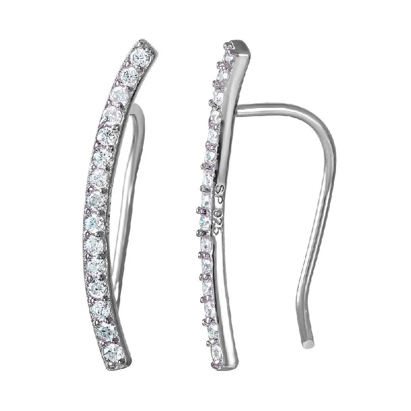 Ladies earrings polished shiny designs-Silver 925 Rhodium Plated CZ Encrusted Bar Earrings - STE01036