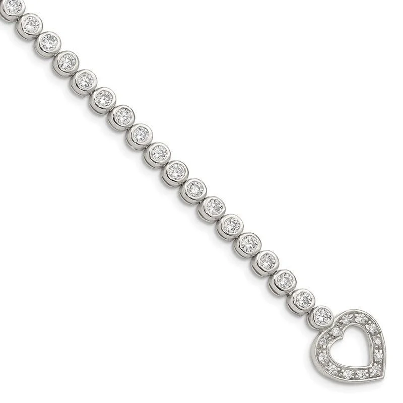 ladies bracelet winter celestial-Sterling Silver Rhodium-plated 7.5 in CZ Tennis Bracelet with Heart