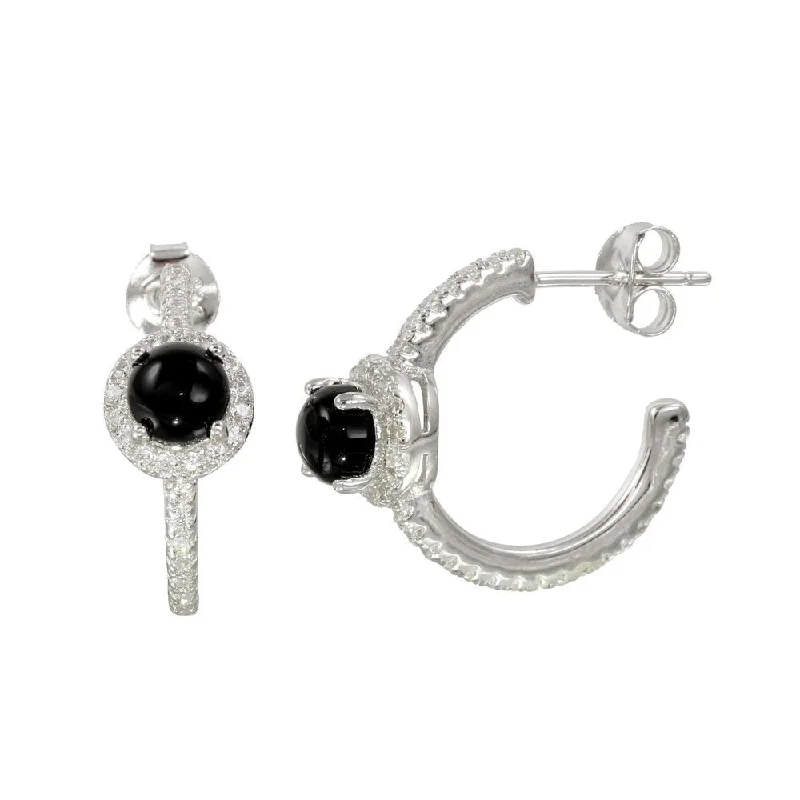 Ladies earrings upcycled earring designs-Rhodium Plated  925 Sterling Silver Semi-Hoop CZ Earrings with CZ and Black Stone - BGE00569BLK