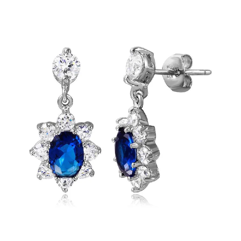 Ladies earrings friendship bond styles-Silver 925 Rhodium Plated 2 Toned Clear And Blue CZ Hanging Earrings - BGE00472