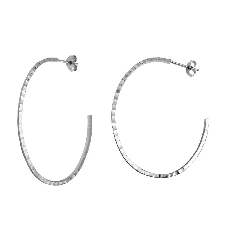 Ladies earrings enamel detail designs-Rhodium Plated 925 Sterling Silver Diamond Cut Semi Hoop Earrings 50mm - ECE00033RH