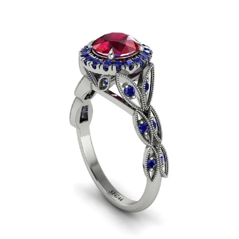 Ladies engagement rings timeless diamonds-Ruby Halo Nature Inspired Leaf Engagement Ring - Alessandra No. 72