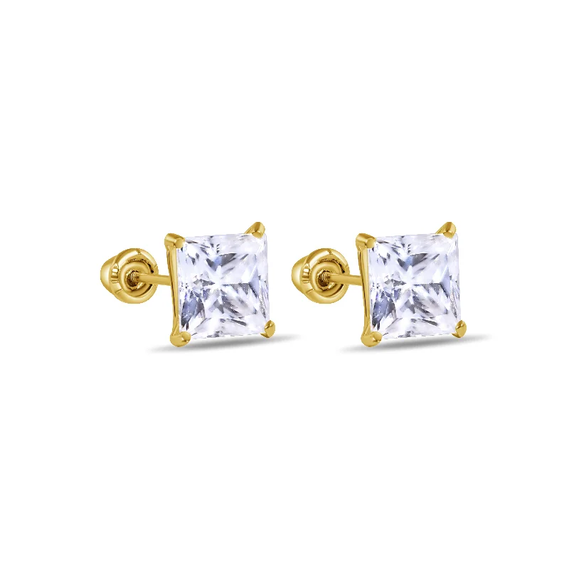 Ladies earrings yellow diamond earrings-14MGME00039 - 14 Karat Yellow Gold Square Moissanite Stud Screw Back Earring