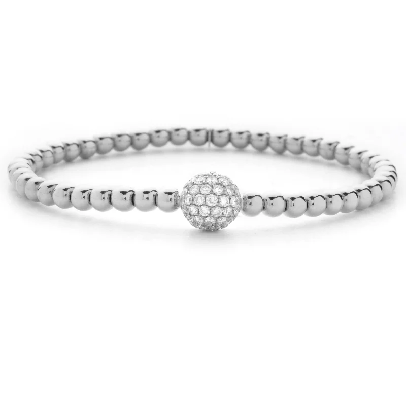 ladies bracelet onyx boho-Hulchi Belluni 18K White Gold Stretch Stackable Bracelet with Large Pave Diamond Ball Station