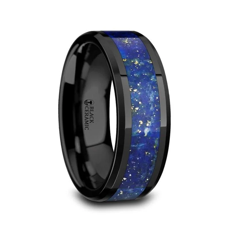 Ladies rings opal shimmering styles-Thorsten MARLOW Black Ceramic Wedding Band with Blue Lapis Inlay & Beveled Edges - 8mm