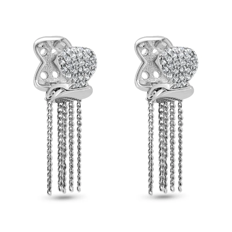 Ladies earrings promise earring options-925 Sterling Silver Rhodium Plated Tassel CZ Hoop Earring - STE01355