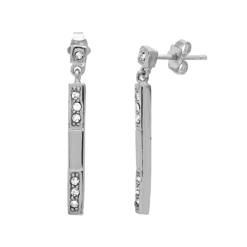 Ladies earrings trillion cut styles-Rhodium Plated 925 Sterling Silver Dangling Bar CZ Earrings - BGE00501