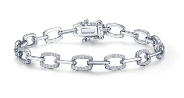 ladies bracelet ruby ornate-Sterling Silver Alternating Link & Simulated Diamond Accented Bracelet by Lafonn