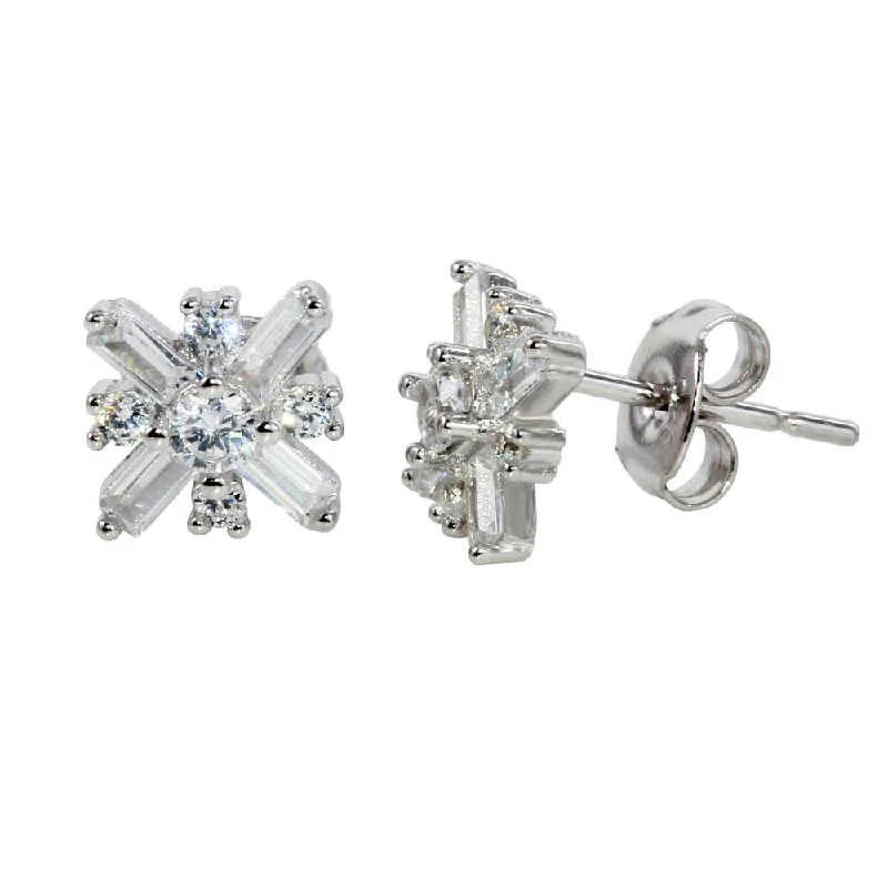 Ladies earrings pride-inspired earrings-Rhodium Plated 925 Sterling Silver CZ Snow Flakes Earrings - STE01136