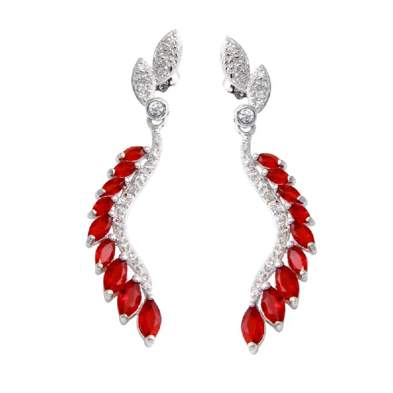 Ladies earrings sapphire stone designs-Rhodium Plated 925 Sterling Silver Dangling Feather Earrings with Red CZ - BGE00604RED