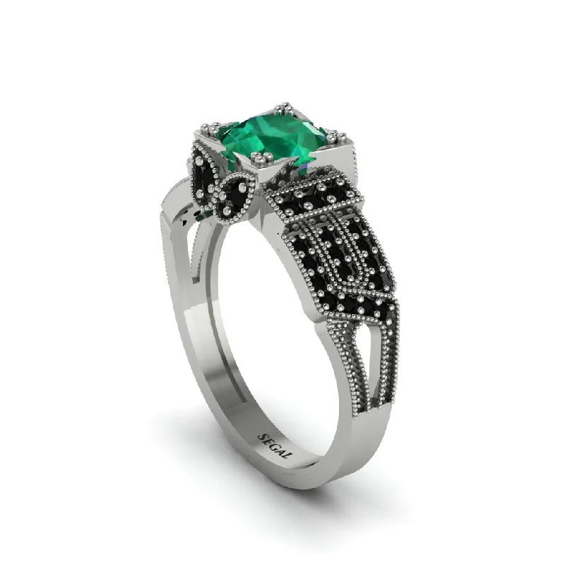 Ladies engagement rings champagne halo styles-Emerald Milgrain Gold Engagement Ring - Lyric No. 36