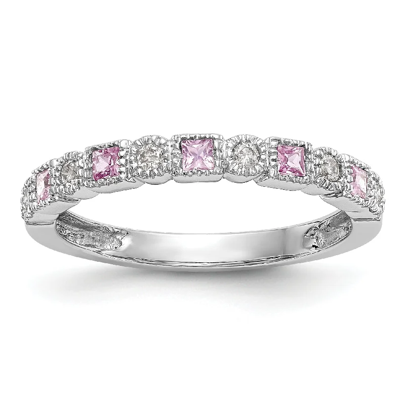 Ladies rings stretch band styles-14k White Gold Round Diamond With Square Pink Sapphire Anniversary Band