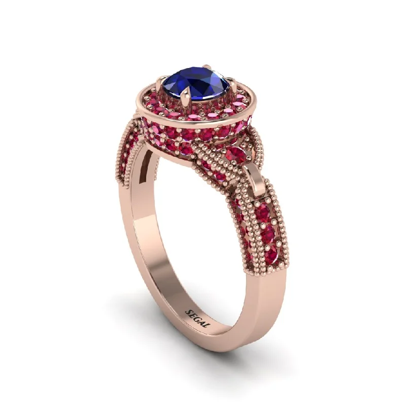 Ladies engagement rings floral diamond cuts-Sapphire Double Halo Handmade Engagement Ring - Gracelyn No. 59