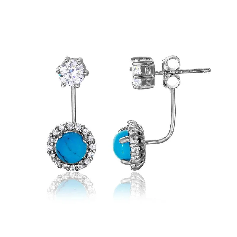 Ladies earrings collectible jewelry items-Silver 925 Rhodium Plated Round CZ with Hanging Round Turquoise Earrings - BGE00474