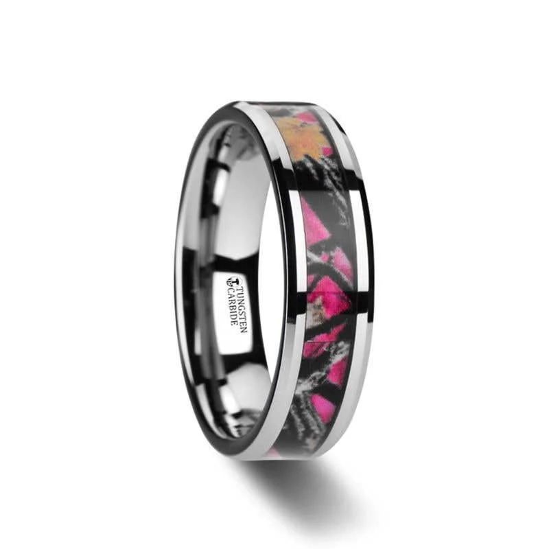 Ladies rings high shine designs-Thorsten JULIET Realistic Tree Camo Tungsten Carbide Wedding Band with Real Pink Oak Leaves - 6mm - 8mm