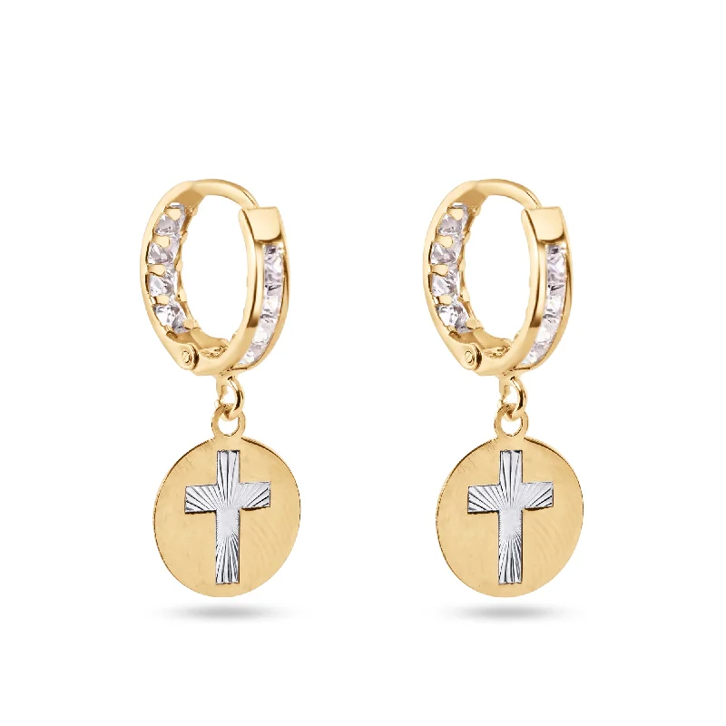 Ladies earrings pop art earrings-14E00419. - 14 Karat Yellow Gold Dangling Cross Clear CZ 12mm Hoop Earrings