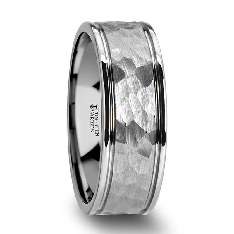 Ladies rings conflict-free gemstones-Thorsten THORNTON Hammered Finish Center White Tungsten Carbide Wedding Band with Dual Offset Grooves and Polished Edges - 6mm or 8mm