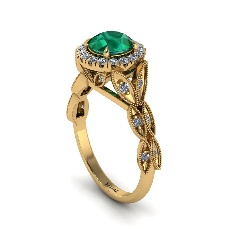 Ladies engagement rings gold designs-Emerald Halo Nature Inspired Leaf Engagement Ring - Alessandra No. 4