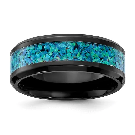 Ladies rings wave pattern rings-Black Zirconium Polished with Blue Opal Inlay 8mm Band