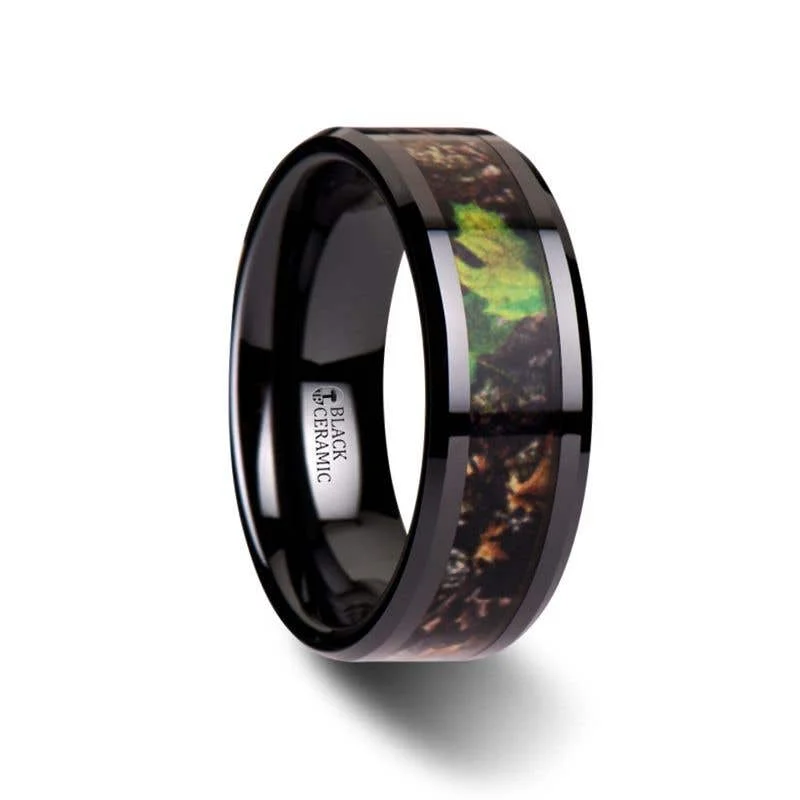 Ladies rings group custom styles-Thorsten NIGHTFALL Realistic Tree Camo Black Ceramic Wedding Band with Green Leaves - 8mm